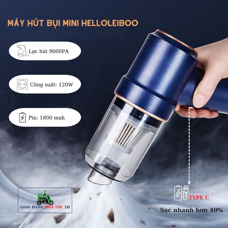 Máy hút bụi mini cầm tay không dây HATTIES 9000PA, sạc nhanh type C có Đèn LED cho ô tô, xe hơi, gia đMHB04