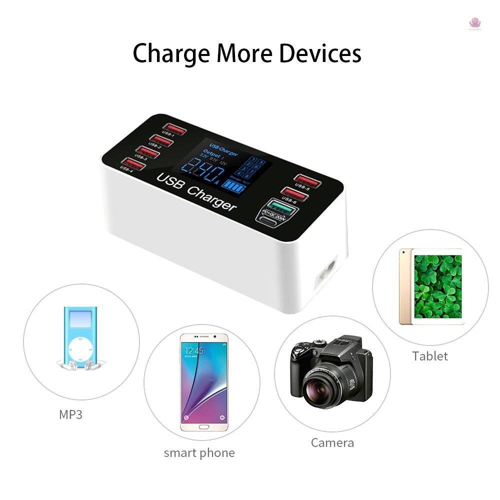 Sạc Nhanh USB Nhanh Với Cổng QC3.0 40W Với 8 Cổng Sạc Và Cổng Type-C Màn Hình LCD Rộng