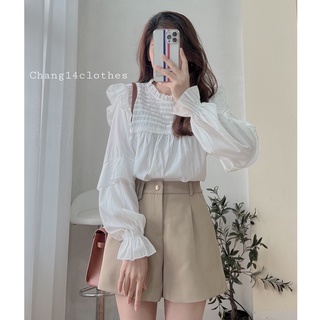 Áo sơ mi trắng nữ học sinh tay chun bèo cổ tròn đẹp