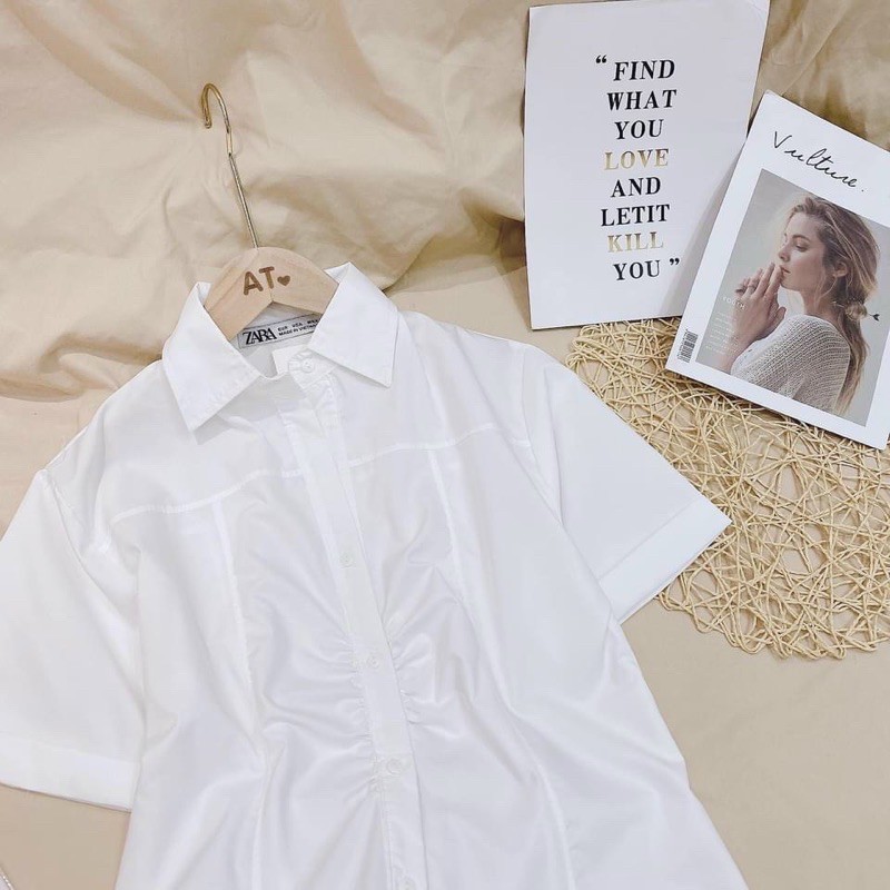 [Mã WASKT410K giảm 10K đơn 50K] K] Áo sơ mi cổ đức ngắn tay dúm eo🌱Sơ mi trắng cổ đức🌱{free ship} | BigBuy360 - bigbuy360.vn