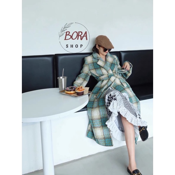 Áo khoác dạ dáng dài cao cấp nữ Ulzzang Hàn Quốc BORA SHOP họa tiết kẻ ô thắt eo order