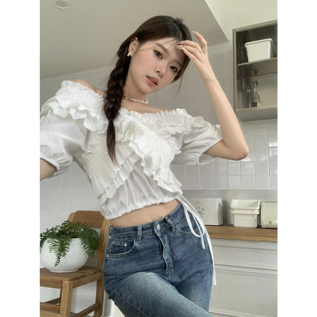 ZHELIHANGFEI Áo Kiểu Trễ Vai Tay Ngắn Màu Hồng Ngọt Ngào