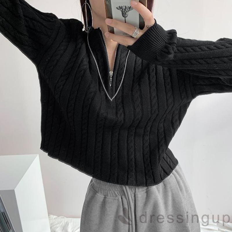 Áo Len Tay Dài Cổ Cao Màu Trơn Có Khóa Kéo Thời Trang Cho Nữ