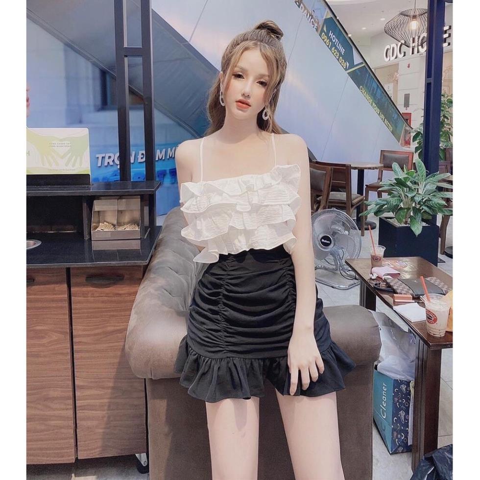 TSL-Set Bộ Đùi Hai Dây Bèo Lai Xếp Ly Sang Chảnh Màu Trắng Đen Thời Trang Nữ Dạo Phố, Công Sở