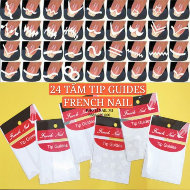 Set 24 tấm gồm 44 mẫu miếng dán hỗ trợ sơn trang trí móng tay - sticker tip guides french nail