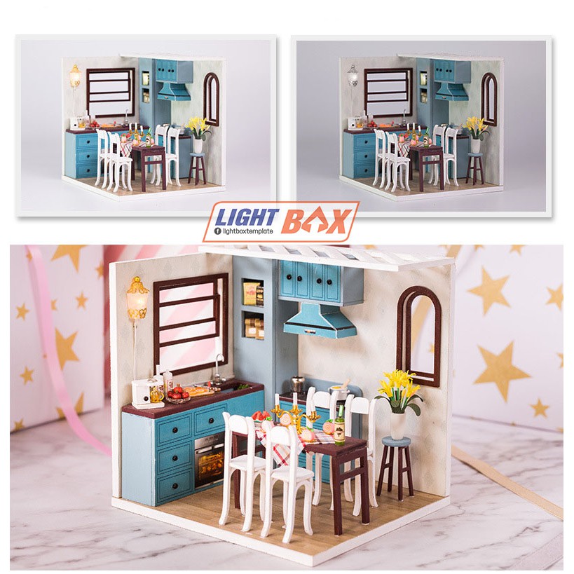 Nhà búp bê Tự làm bằng gỗ [Nhà JOS KITCHEN có nội thất &amp; đèn led ] Tặng kèm khung MICA + dụng cụ keo