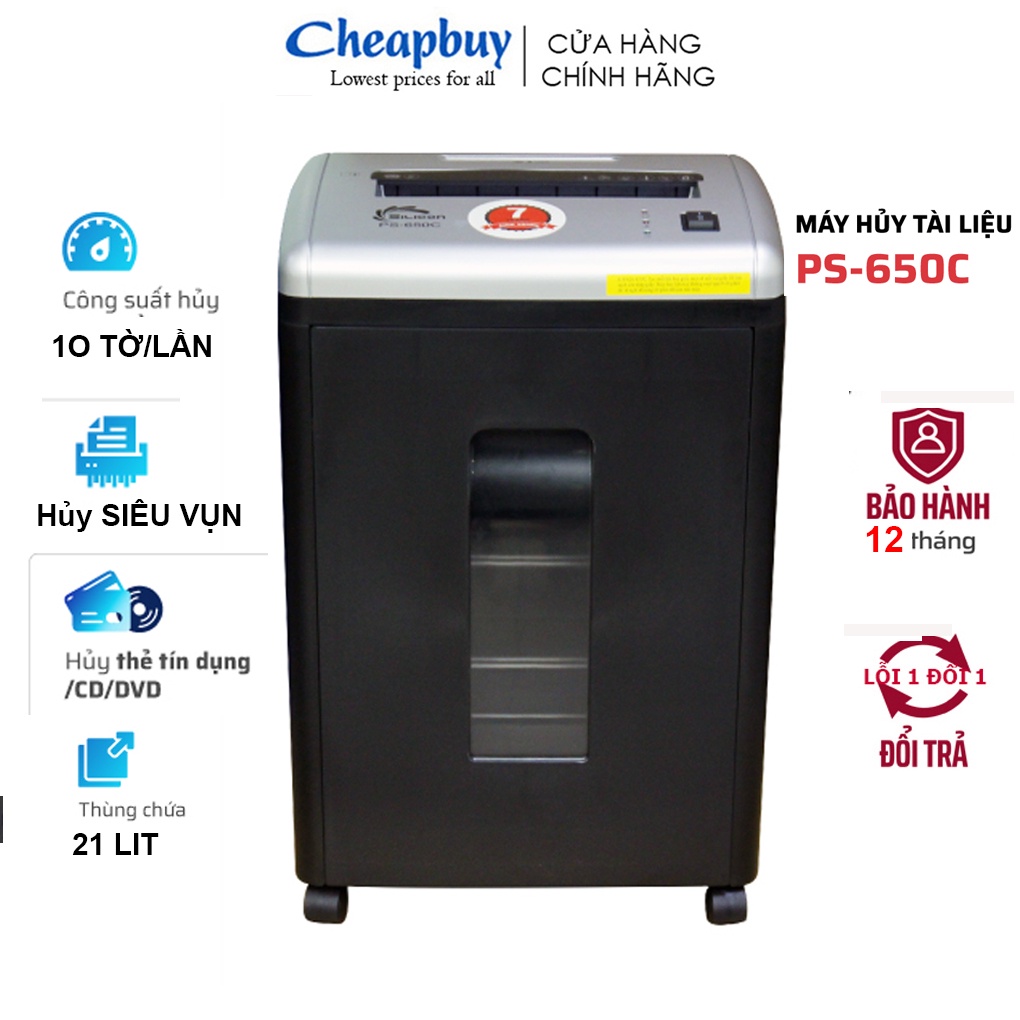 Máy hủy giấy,tài liệu Silicon PS-650C (Hủy 10 tờ/lần,hủy siêu vụn 2.5*10mm, thùng 21 Lít,Huỷ đĩa CD / DVDm thẻ