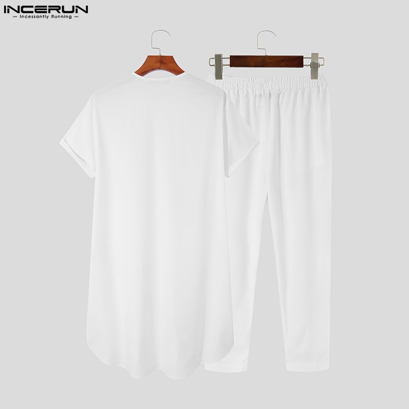 Set quần dài và áo thun tay ngắn INCERUN in họa tiết cổ điển cho nam