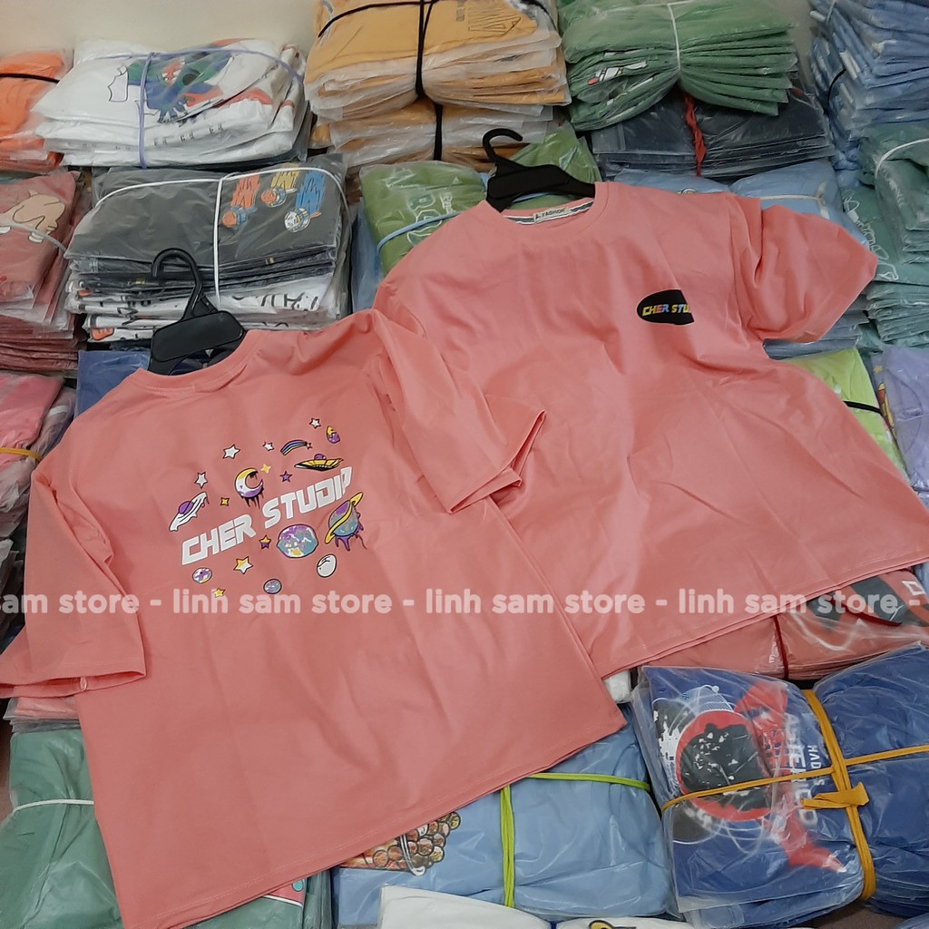 Áo thun tay lỡ nữ freesize phông form rộng dáng Unisex, mặc lớp, nhóm, cặp in chữ CHER STUDIO màu hồng | BigBuy360 - bigbuy360.vn