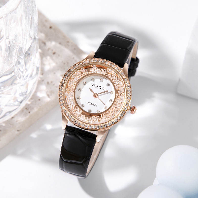 Đồng hồ quartz đính hạt đá với dây đeo da sang trọng
