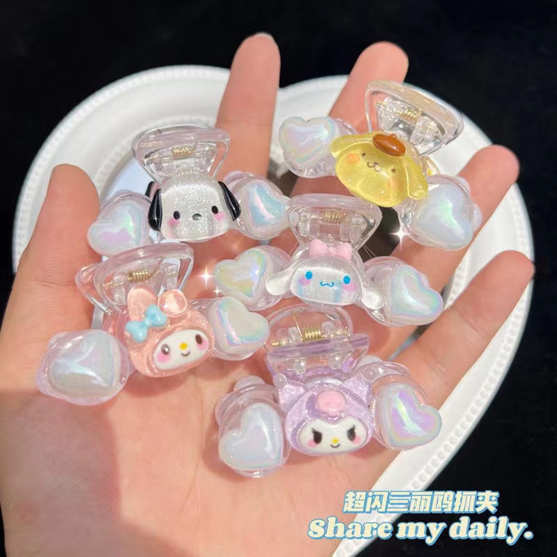 SANRIO Dễ Thương Kẹp Tóc Nhựa Hình Trái Tim Lấp Lánh Xinh Xắn Cho Bé Gái