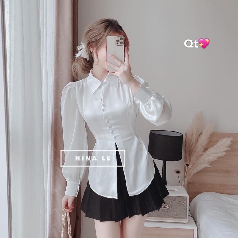 Áo sơ mi lụa tiểu thư cúc bọc buộc lưng SM1668 - Nhinhi Shop