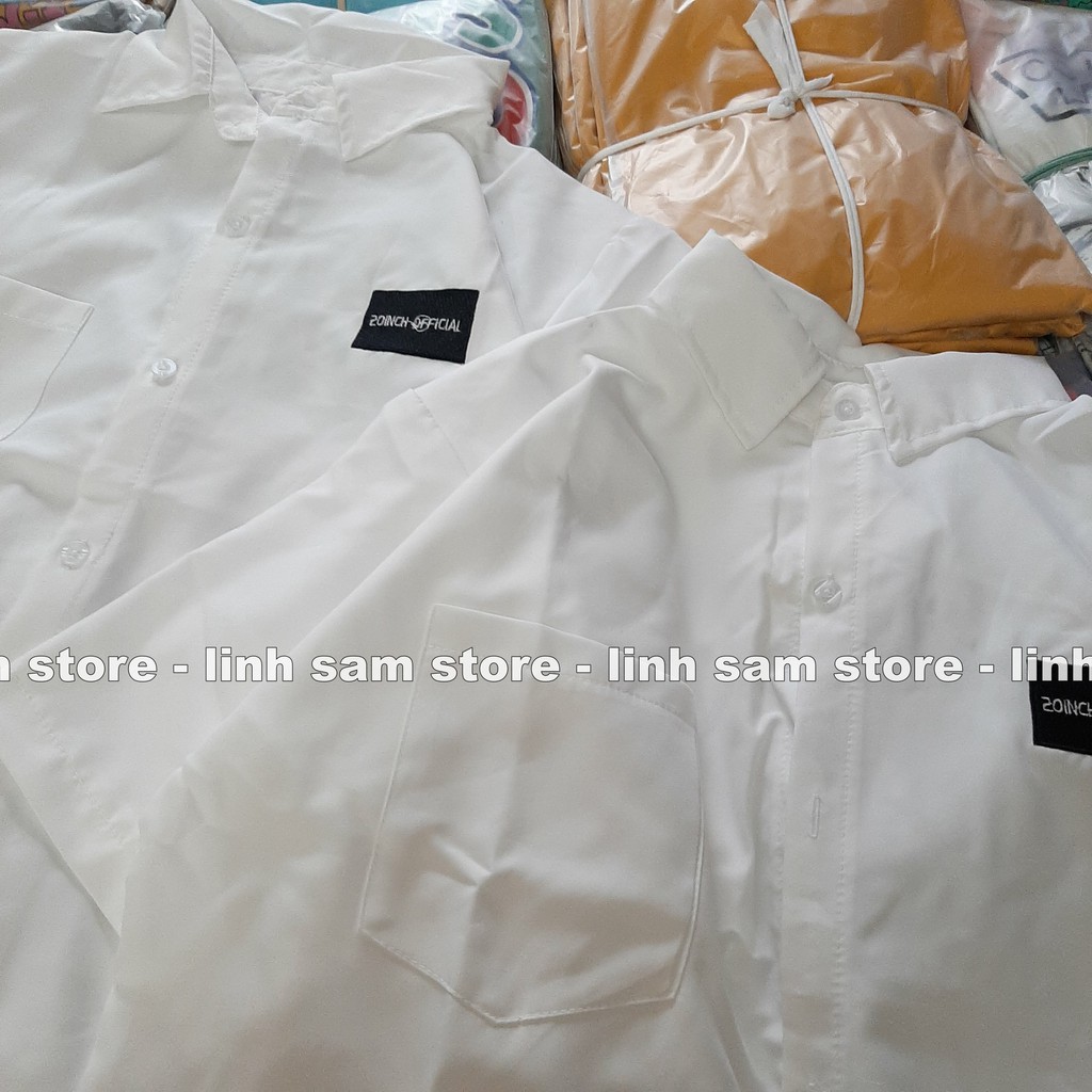 Áo sơ mi đi học nữ form rộng tay ngắn - lỡ có túi dáng ulzzang freesize unisex mặc đi học thêu LOGO ĐEN 20 INCH trắng | BigBuy360 - bigbuy360.vn