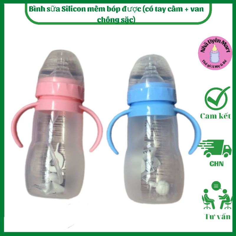 Bình sữa Silicon mềm bóp được (có tay cầm + van chống sặc)