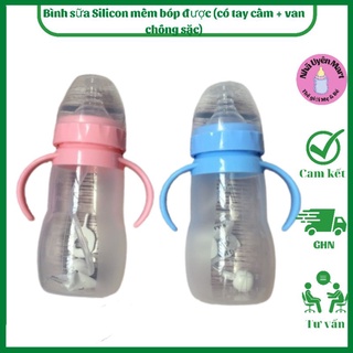 Bình sữa Silicon mềm bóp được (có tay cầm + van chống sặc)