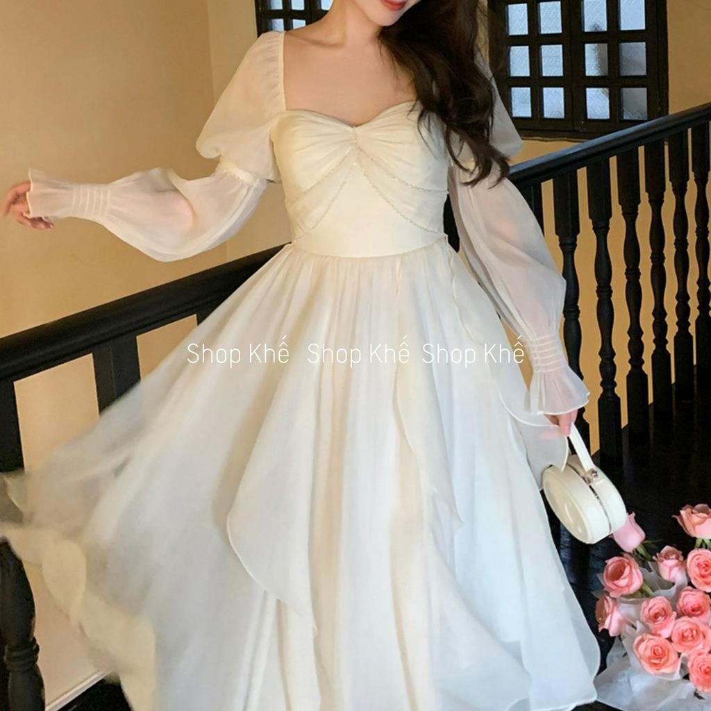 Đầm maxi voan trắng tay dài, đính đá quý phái, sang trọng, thích hợp đi tiệc, đi chơi biển