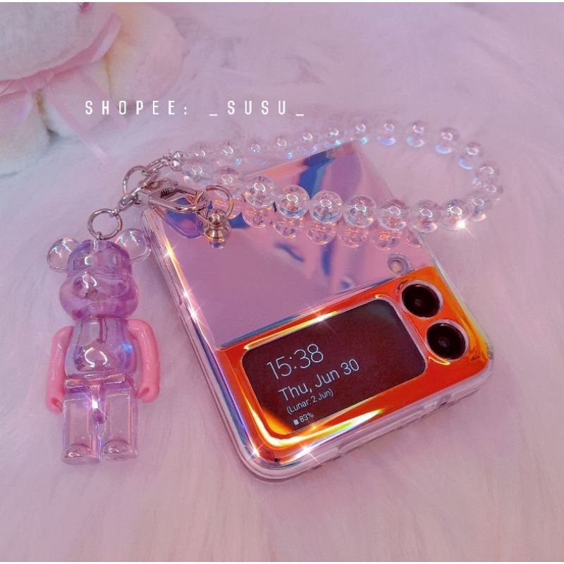 Set 3 món - Ốp Samsung Z Flip5 - ZFlip4 - Z Flip3 - Flip3 5G hologram dây hạt cầu vồng gấu bearbrick