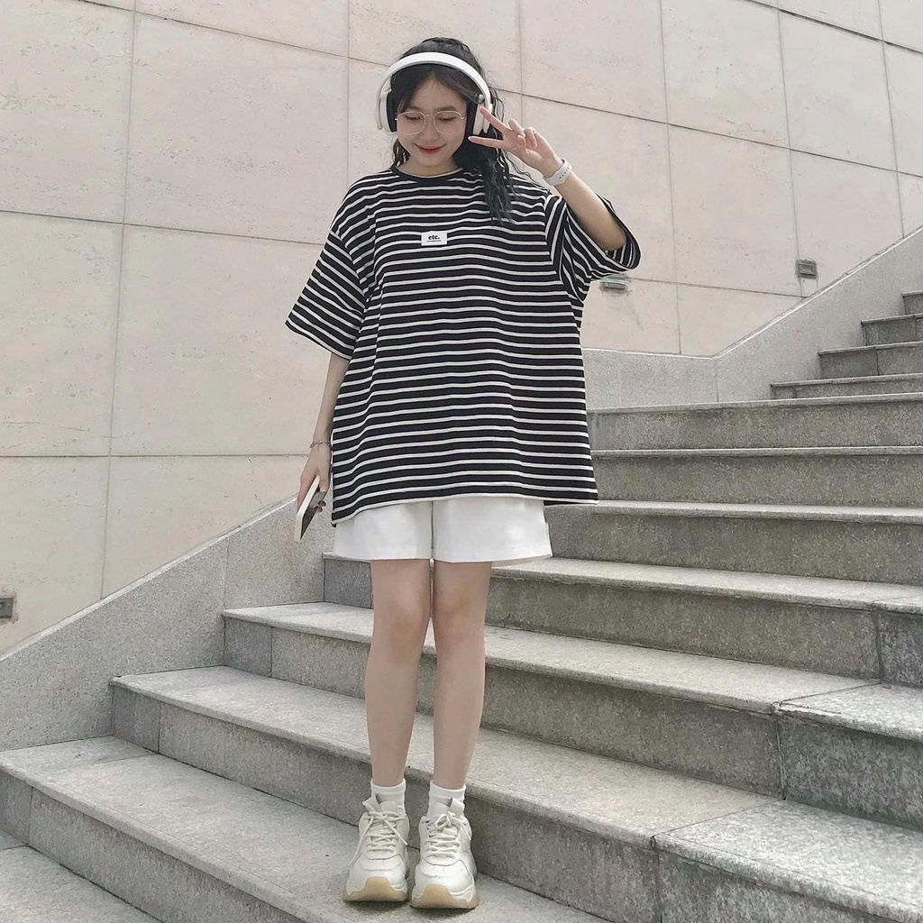 Áo Thun Nữ From Rộng BASEUS Kẻ Sọc Dễ Thương Áo Phông Nữ Tay Ngắn Chất Vải Thô Hàn Thấm Hút Mồ Hôi Mặc Siêu Tôn Da 10112