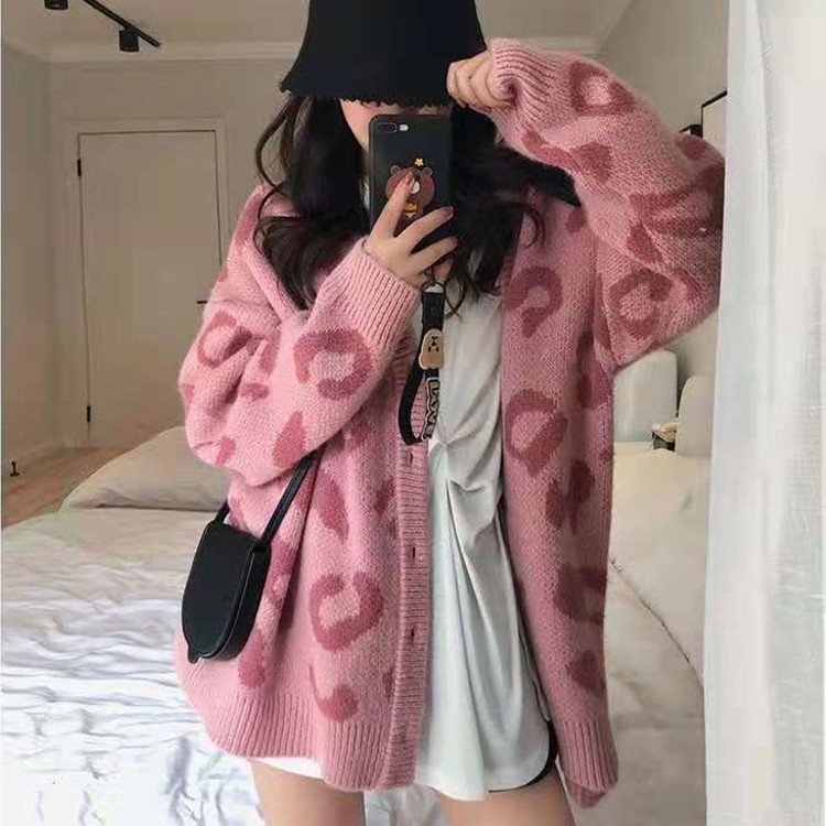 Áo khoác cardigan dệt kim dáng rộng in hình báo hồng phong cách Hàn Quốc mới cho nữ