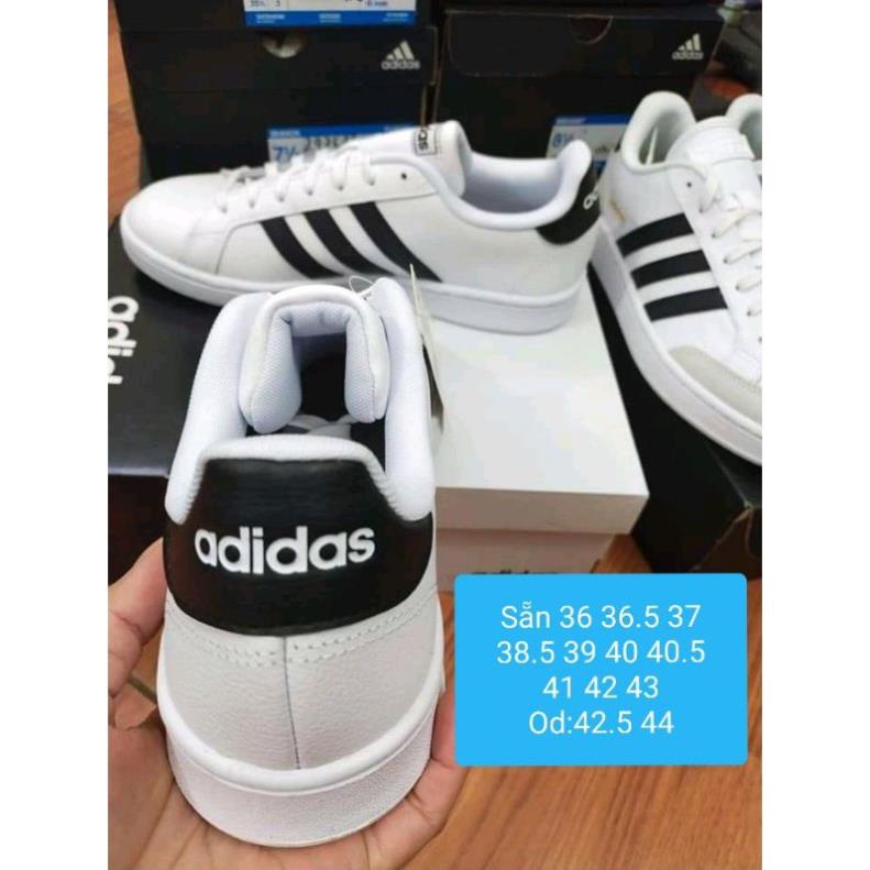 (Chính hãng 100%) Giày Adidas Grand Court màu trắng, sọc đen, gót đen ️🏆