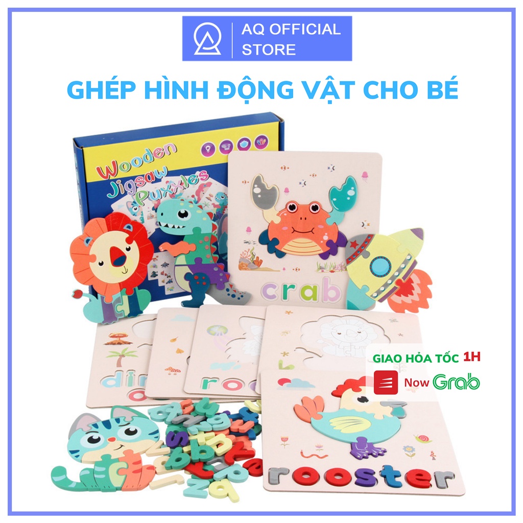 Đồ chơi ghép hình Wooden Jigsaw - Xếp hình động vật, ghép chữ tiếng anh- Rèn khả năng tư duy quan sát của bé