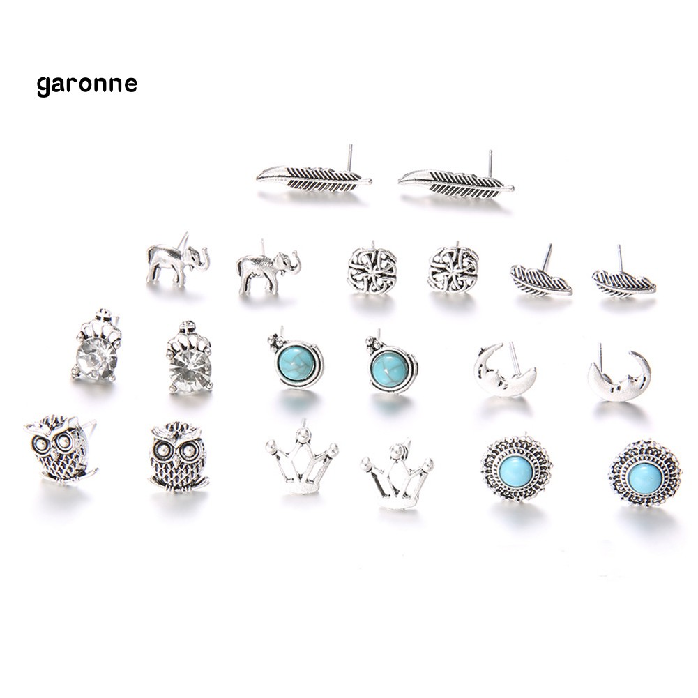 GA_10 Pairs Women Rhinestone Crown Elephant Owl Leaf Ear Studs Earrings Jewelry