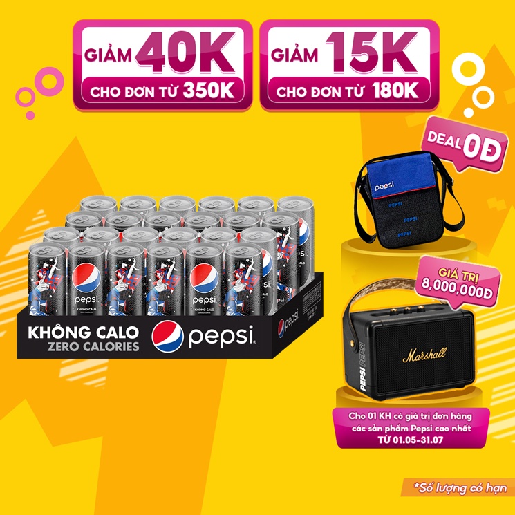 Thùng 24 Lon Nước Uống Có Gaz Pepsi Không Calo (320ml/Lon)