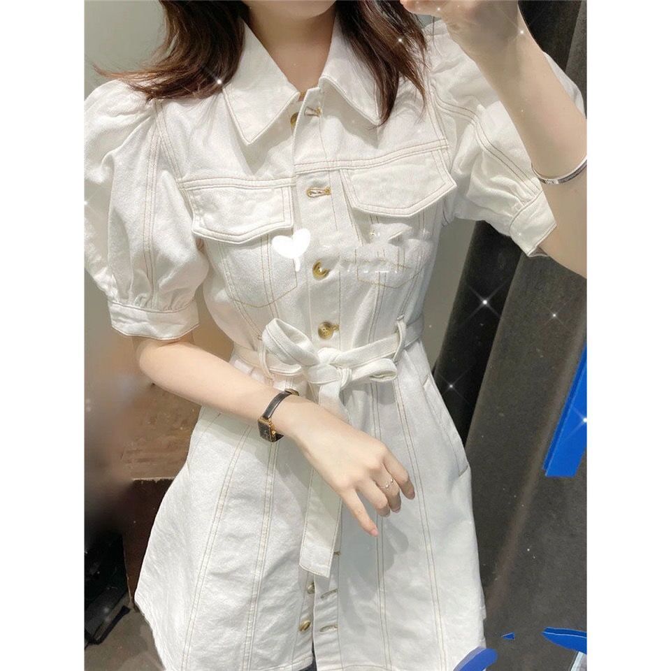 Đầm Denim Chữ a Tay Ngắn Phồng Màu Trắng Thời Trang Mùa Hè 2023 Mới Cho Nữ