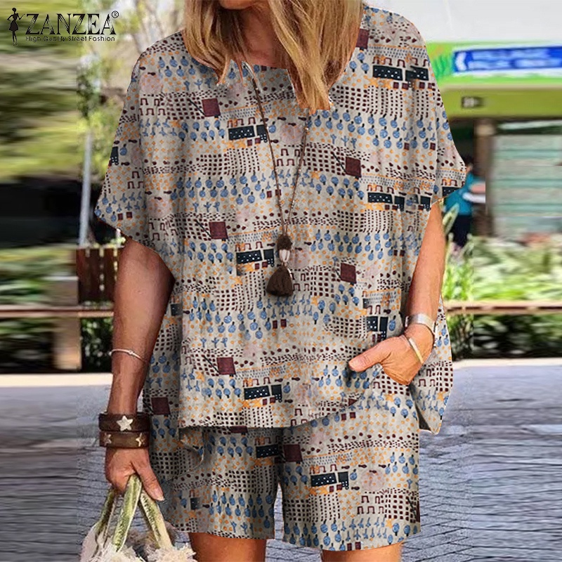 Set đồ ZANZEA gồm áo thun ngắn tay cổ tròn và quần short thời trang cho nữ