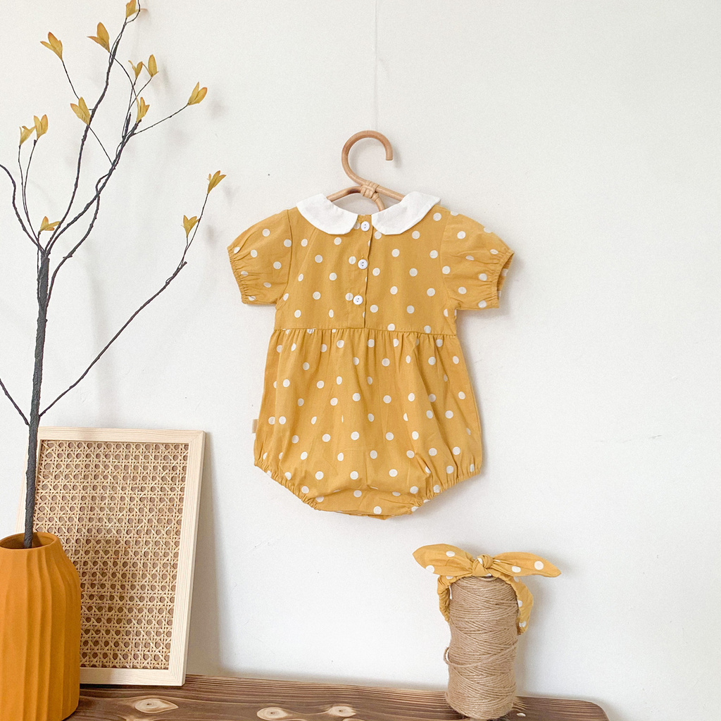 Bộ Áo Liền Quần Chấm Bi Màu Vàng Cho Bé Gái