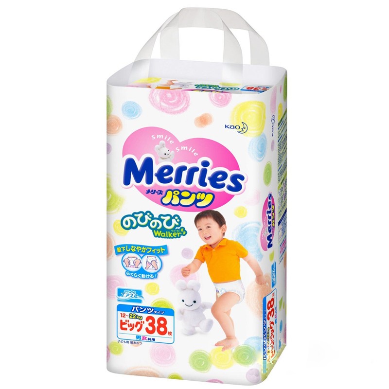 Bỉm Merries dán/quần size NB90/S82/M64/L54/L44/Xl38