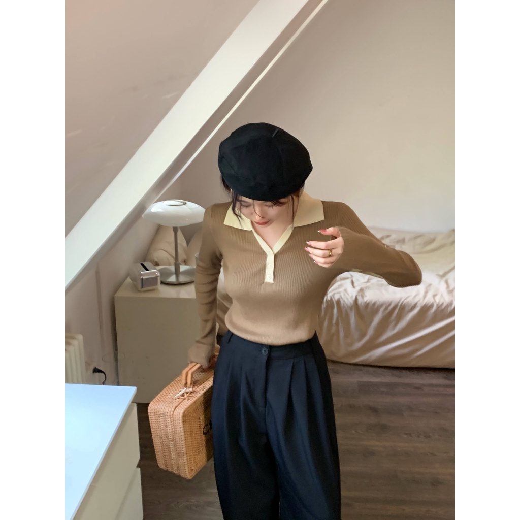 Áo Len Tay Dài Cổ Chữ V Màu Tương Phản Phong Cách Hàn Quốc Thời Trang