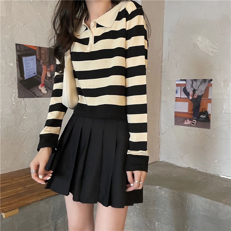 Áo thun polo IELGY dệt kim tay dài in họa tiết kẻ sọc thời trang dành cho nữ