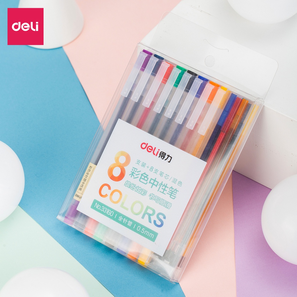 Set bút gel nhiều màu Deli – 8 màu kèm 8 ống mực thay thế - 33160