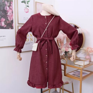 Váy dài tay thắt eo Hàn Quốc - (ORDER)