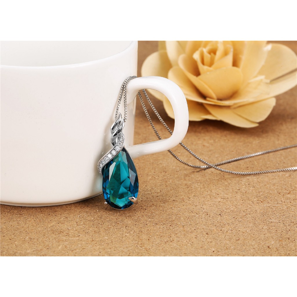 Dây chuyền mạ bạc 925 trang trí mặt hình giọt nước màu xanh dương sapphire phong cách Hàn Quốc 2593