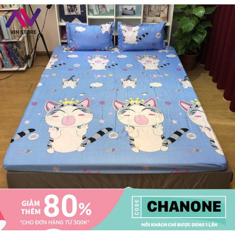 Set 3 Món Ga Gối Mèo Happy Cao Cấp EM9100 / 2 vỏ Gối / 1 Ga/ 1 Gối Ôm - Hàng May Cực Kĩ Cao Cấp