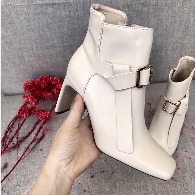 Giày boot nữ da mềm 2021 B SHOES, boot thấp cổ lót nỉ khóa kéo, mũi vuông, thắt đai siêu thời trang, gót mảnh lạ mắt B13