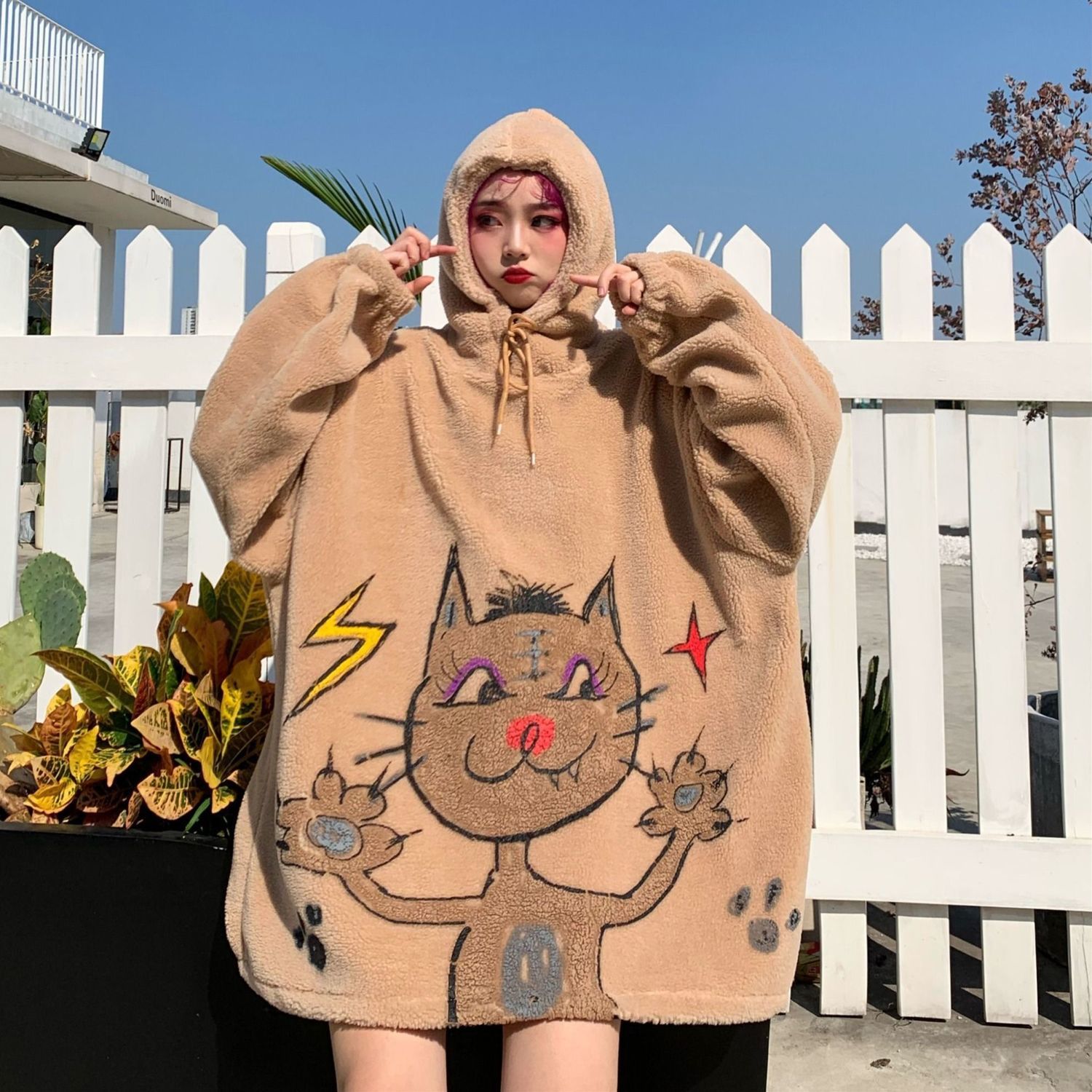 Áo Dạ Áo Hoodie Winter New Students' Cat Printed Oversized Korean Coat