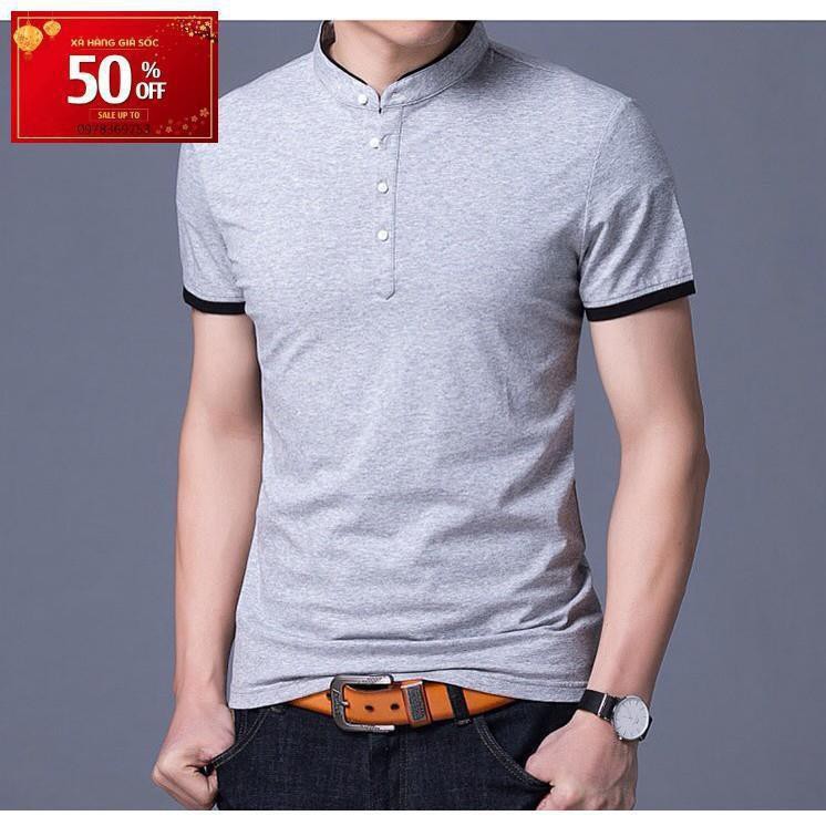 Áo thun nam cổ trụ thời trang màu xám PIOUS