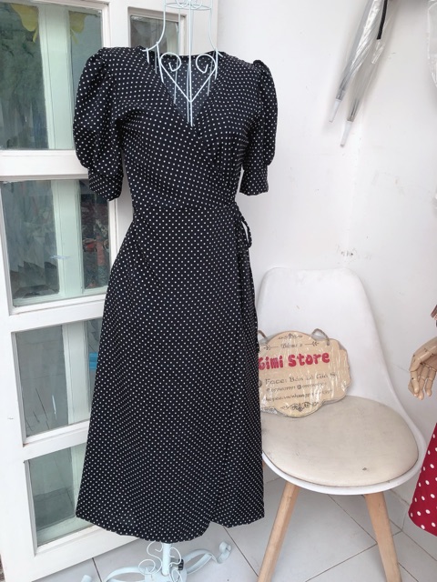 Đầm Maxi Đắp Tà Chấm Bi đỏ đen xt ( kèm clip)
