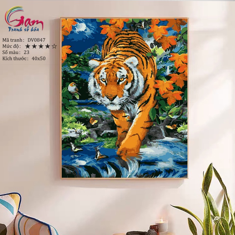 Tranh tô màu theo số mãnh hổ trong rừng có sẵn đã căng khung 40x50cm DV0847