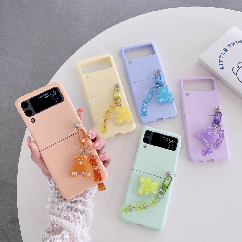Bao Da Điện Thoại Nắp Lật Kèm Móc Khóa Hình Gấu Màu Macaron Cho Samsung Galaxy Z Flip 3 Flip 3