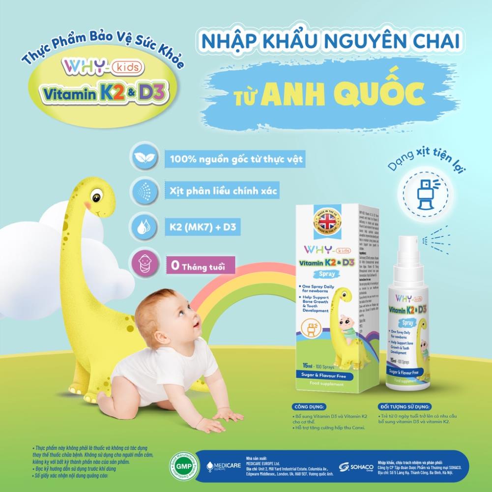 Chai xịt Why-Kids bổ sung Vitamin D3 và K2 cho bé, tăng cường hấp thu Canxi hỗ trợ phát triển chiều cao 15ml