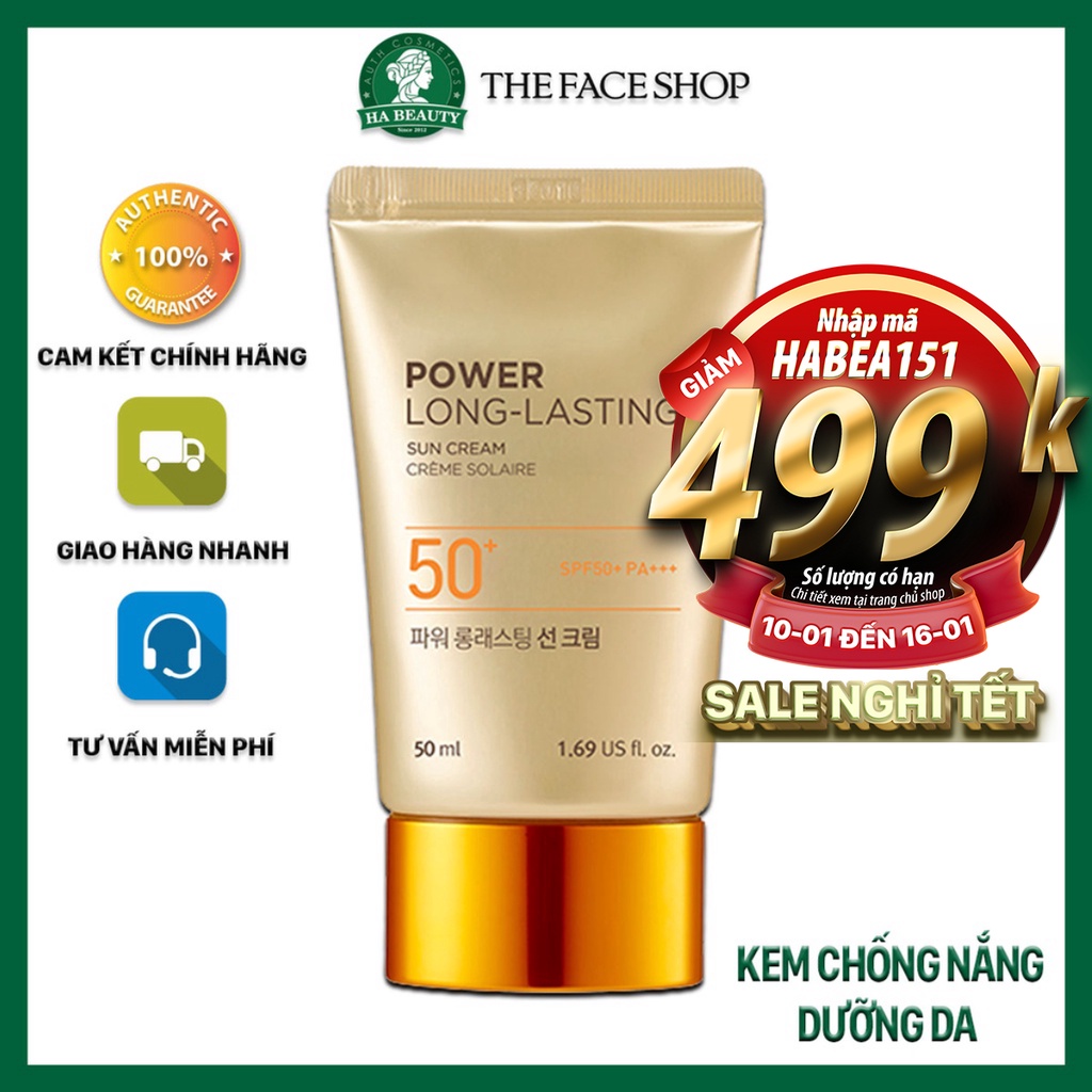 Kem chống nắng dưỡng da The Face Shop Hà Beauty trang điểm lâu trôi Natural Sun Eco Power Long Lasting SPF50+PA+++ 50ml