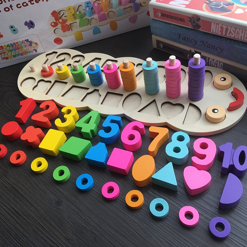 [ToyStory] Đồ Chơi Gỗ - Bộ Giáo Cụ Montessori Giúp Bé Học Đếm - Hình Khối Cột Tính Màu Sắc Con Sâu - Trẻ Em Thông Minh