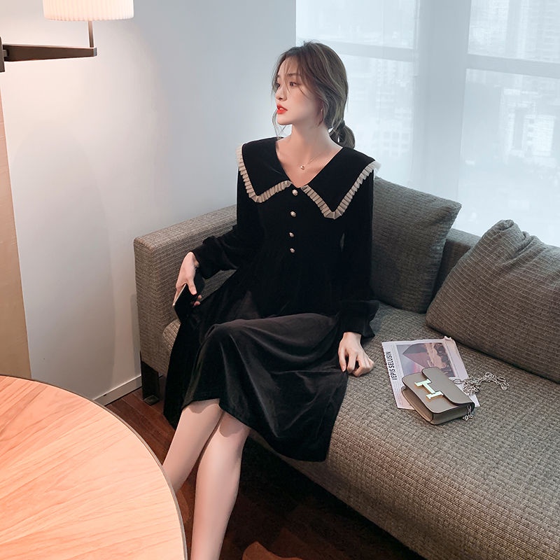 Váy babydoll Đầm Nhung Cổ Búp Bê Phong Cách Hepburn Thời Trang Mới 2022 Cho Nữ