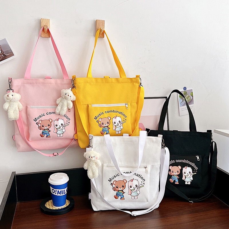 Túi vải tote túi học sinh thời trang hàng đẹp tặng kèm móc gâu dễ thương