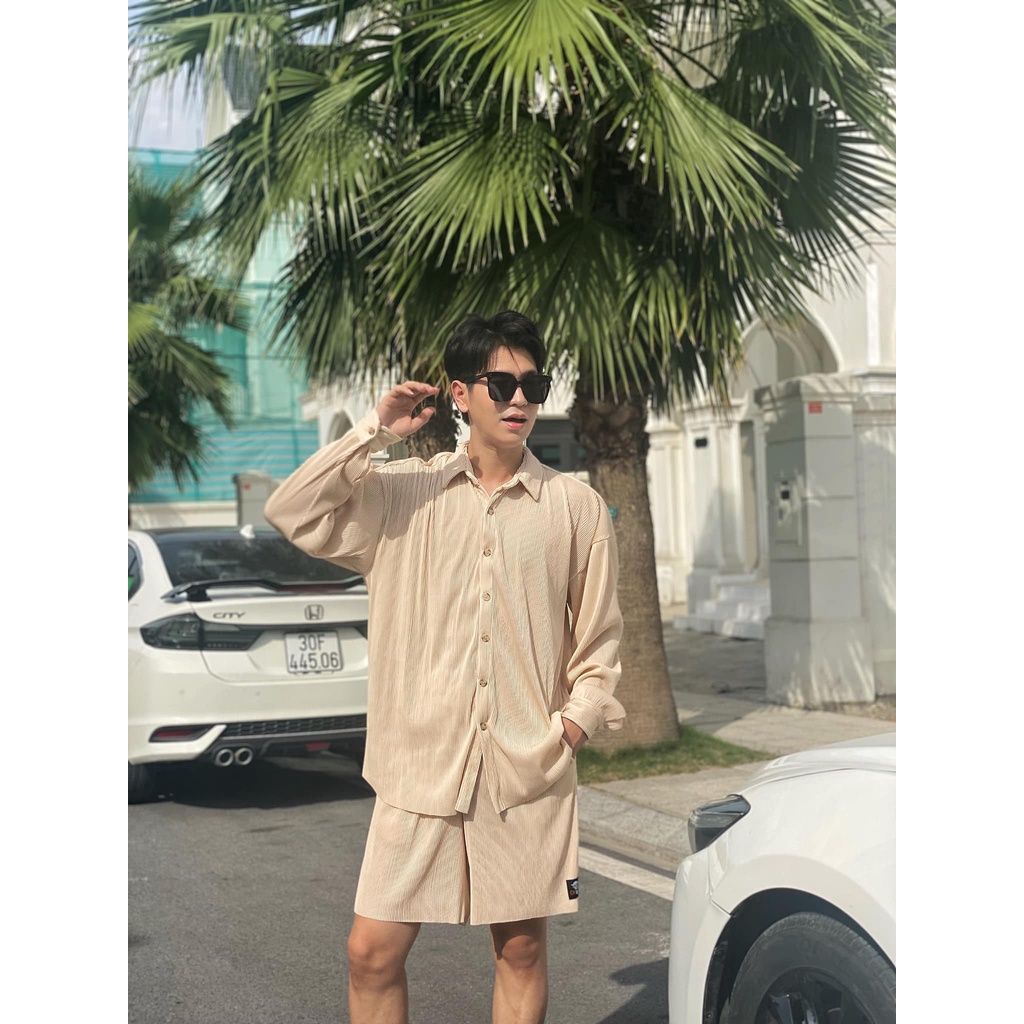 Set đồ bộ thun tăm nam CHOU IN HANOI Set đồ bộ nam áo dài tay form rộng quần short nhiều màu.