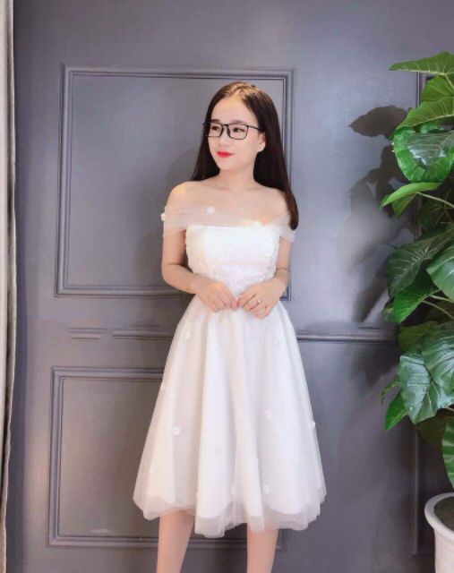 Đầm Váy Dạ Tiệc Kiểu Trễ Vai Lưới Đính Hoa Cao Cấp